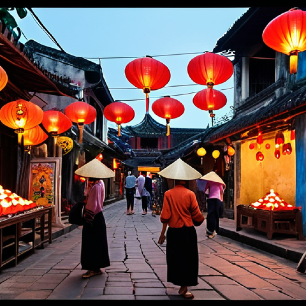 **A vibrant, bustling Hội An street scene. Capture the sounds visually: lanterns glowing warmly, vendors with conical hats selling goods, the ancient architecture, and faint musical notes floating in the air.** (Focus: captures the essence of Hoi An's atmosphere and hints at its sounds)