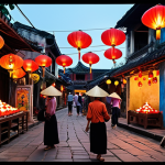 **A vibrant, bustling Hội An street scene. Capture the sounds visually: lanterns glowing warmly, vendors with conical hats selling goods, the ancient architecture, and faint musical notes floating in the air.** (Focus: captures the essence of Hoi An's atmosphere and hints at its sounds)