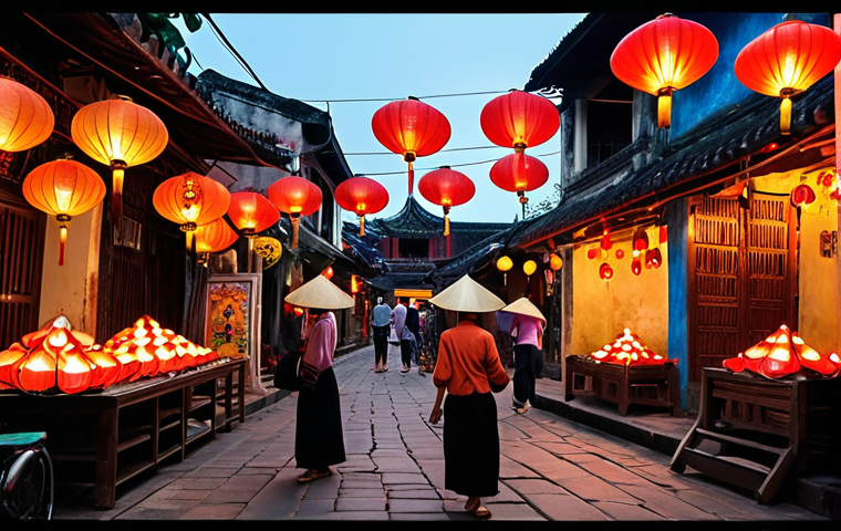 **A vibrant, bustling Hội An street scene. Capture the sounds visually: lanterns glowing warmly, vendors with conical hats selling goods, the ancient architecture, and faint musical notes floating in the air.** (Focus: captures the essence of Hoi An's atmosphere and hints at its sounds)