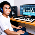 **

A modern Vietnamese music producer surrounded by high-tech equipment (laptop, MIDI keyboard, studio monitors). They are smiling and looking at the screen, with a DAW software interface visible. In the background, there's a subtle nod to traditional Vietnamese instruments like a *đàn bầu* or *đàn tranh* subtly incorporated into the modern studio setup. The overall feel is vibrant and optimistic, reflecting the accessibility of music production technology.

**