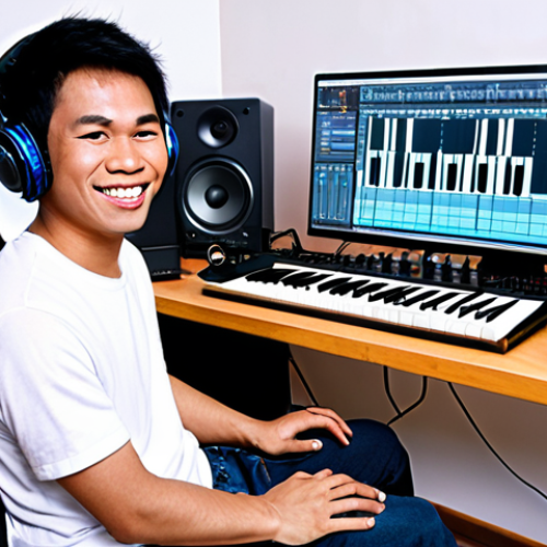 Home 6 **
A modern Vietnamese music producer surrounded by high-tech equipment (laptop, MIDI keyboard, studio monitors). They are smiling and looking at the screen, with a DAW software interface visible. In the background, there's a subtle nod to traditional Vietnamese instruments like a *đàn bầu* or *đàn tranh* subtly incorporated into the modern studio setup. The overall feel is vibrant and optimistic, reflecting the accessibility of music production technology.
**
