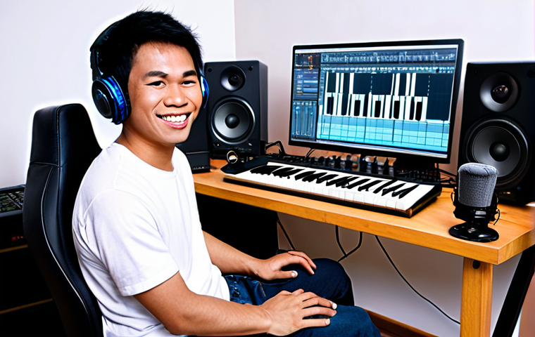 **

A modern Vietnamese music producer surrounded by high-tech equipment (laptop, MIDI keyboard, studio monitors). They are smiling and looking at the screen, with a DAW software interface visible. In the background, there's a subtle nod to traditional Vietnamese instruments like a *đàn bầu* or *đàn tranh* subtly incorporated into the modern studio setup. The overall feel is vibrant and optimistic, reflecting the accessibility of music production technology.

**