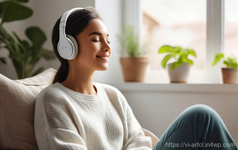 사운드 아트와 심리적 공간의 관계 - **"Healing Melodies"**: A young adult, around 20-25 years old, sits peacefully on a comfortable armc...