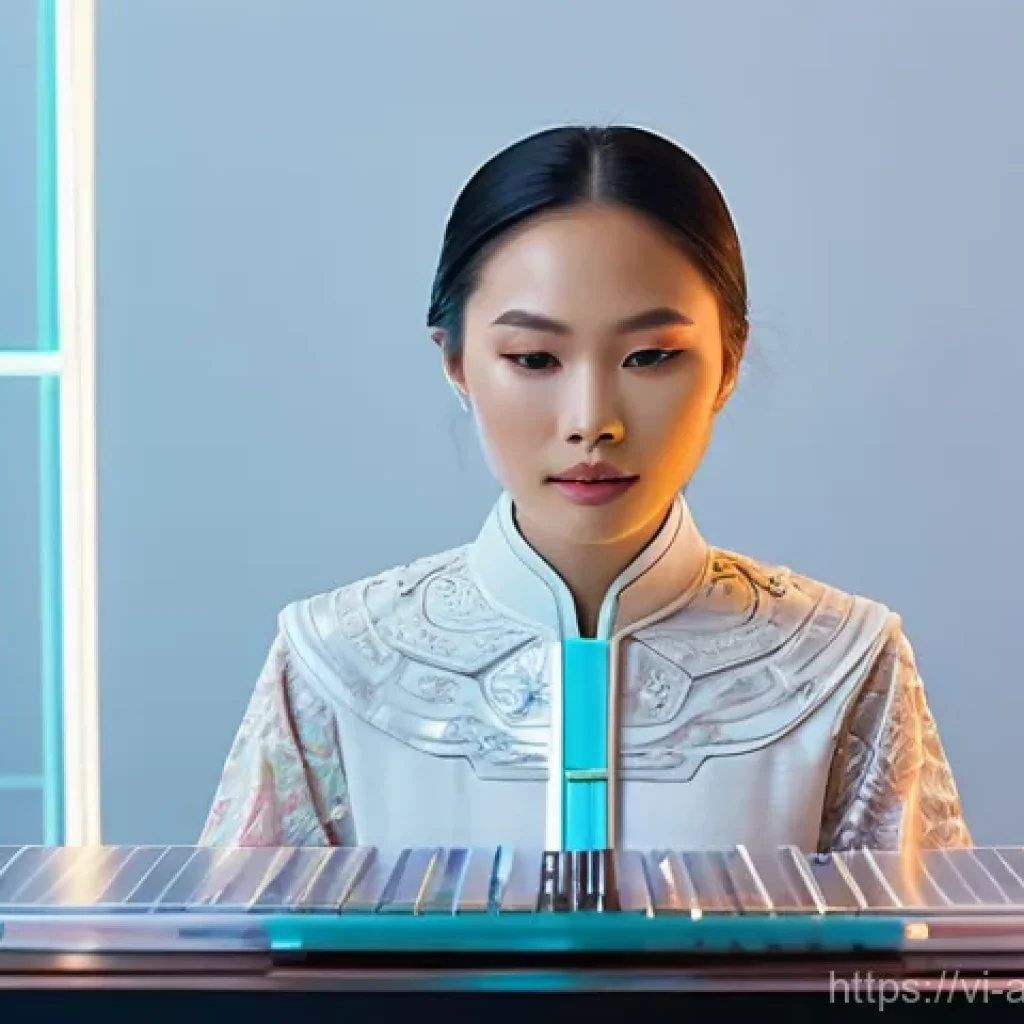 사운드 아트의 청각적 요소 분석하기 - **A young Vietnamese woman, elegantly dressed in a contemporary ao dai with subtle modern geometric ...