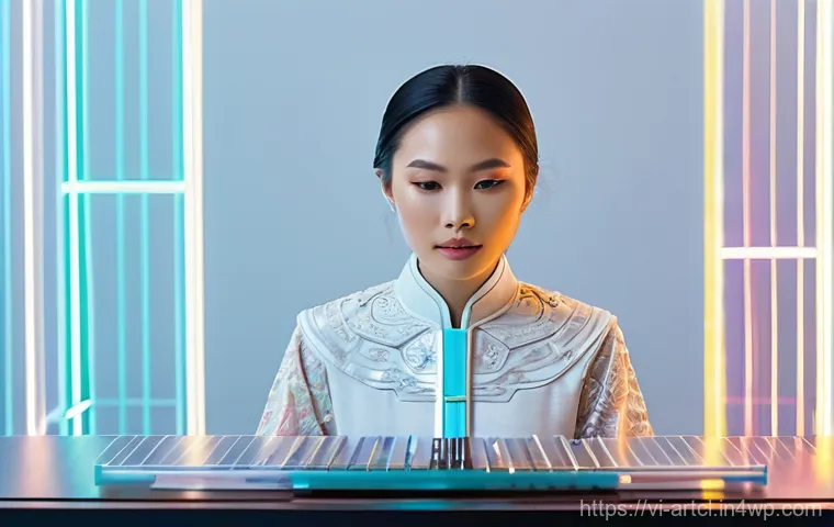사운드 아트의 청각적 요소 분석하기 - **A young Vietnamese woman, elegantly dressed in a contemporary ao dai with subtle modern geometric ...