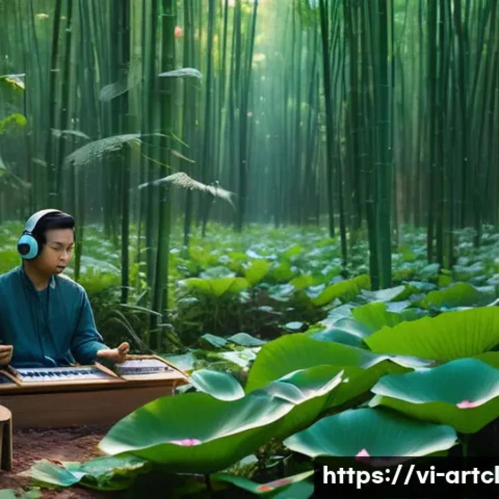 사운드 아트 프로젝트에 적합한 음악 장르 - A serene outdoor sound art installation set in a lush Vietnamese forest at dawn, featuring ambient n...