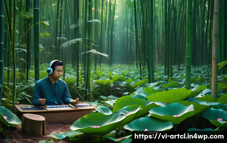 사운드 아트 프로젝트에 적합한 음악 장르 - A serene outdoor sound art installation set in a lush Vietnamese forest at dawn, featuring ambient n...