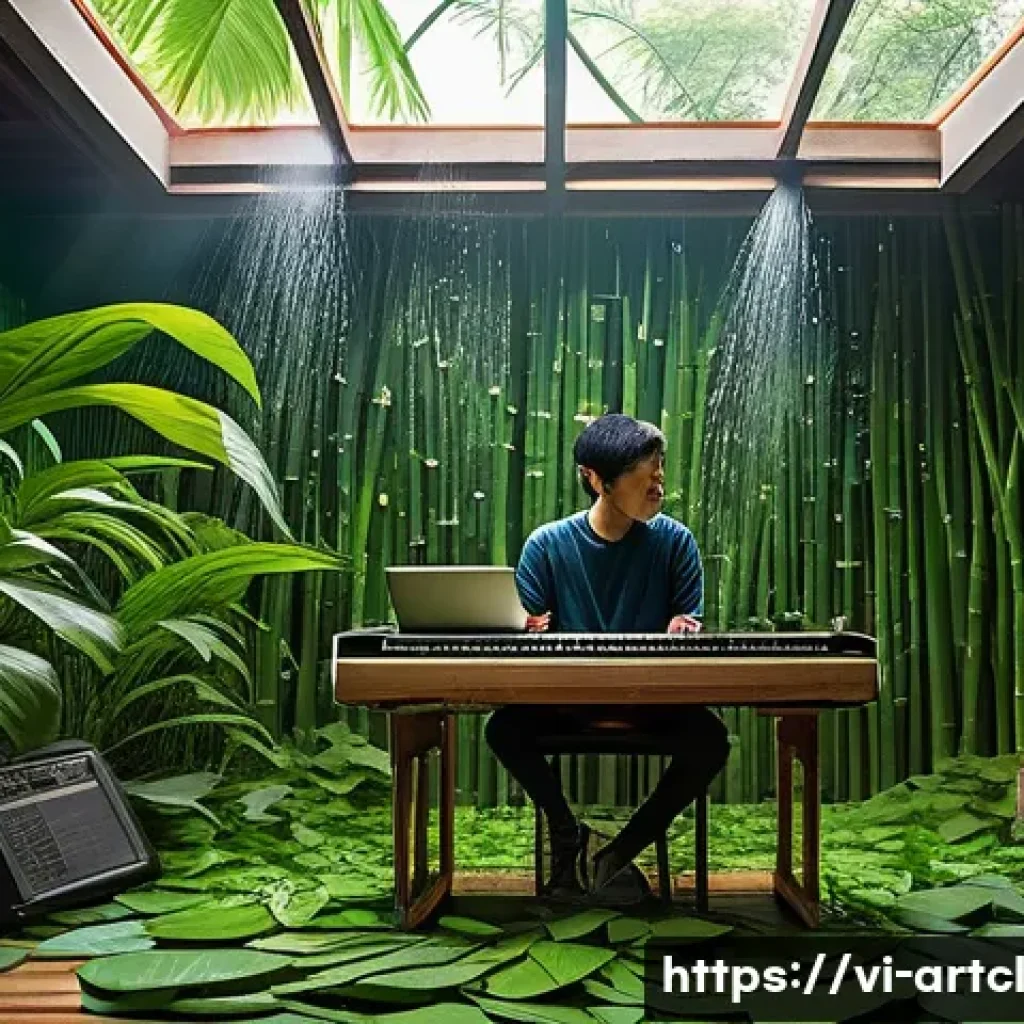 사운드 아트에서의 창의적 문제 해결 방안 - A modern music studio scene featuring a Vietnamese sound artist experimenting with environmental sou...