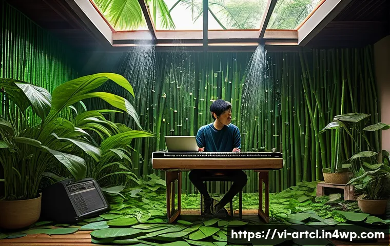 사운드 아트에서의 창의적 문제 해결 방안 - A modern music studio scene featuring a Vietnamese sound artist experimenting with environmental sou...