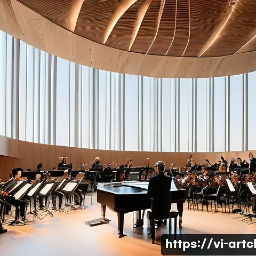 사운드 아트 프로젝트의 물리적 요소 고려하기 - A modern indoor concert hall with high concrete walls and a tall ceiling, featuring elegant acoustic...