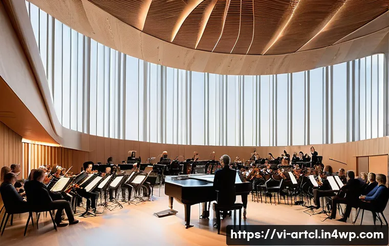 사운드 아트 프로젝트의 물리적 요소 고려하기 - A modern indoor concert hall with high concrete walls and a tall ceiling, featuring elegant acoustic...