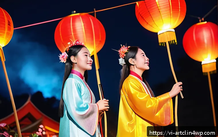 사운드 아트와 문화적 정체성의 표현 - A vibrant scene of a traditional Vietnamese folk music festival blending ancient and modern elements...