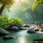 Home 19 사운드 아트에서의 창의적 아이디어 발굴법 - A serene natural park scene during early morning with a clear stream gently flowing over smooth ston...