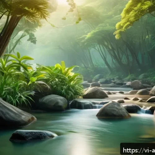 Home 31 사운드 아트에서의 창의적 아이디어 발굴법 - A serene natural park scene during early morning with a clear stream gently flowing over smooth ston...
