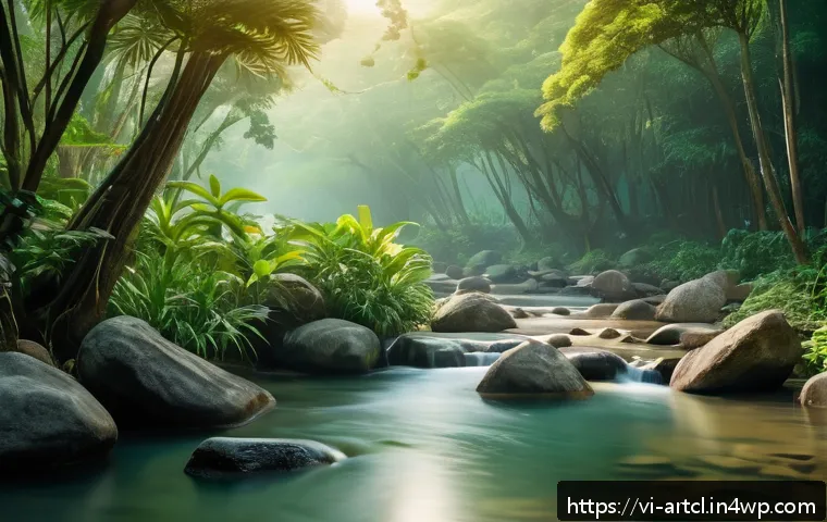 사운드 아트에서의 창의적 아이디어 발굴법 - A serene natural park scene during early morning with a clear stream gently flowing over smooth ston...