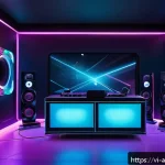 Home 18 사운드 아트의 다양한 표현 기법 - A futuristic music studio interior showcasing a surround sound setup with multiple speakers position...
