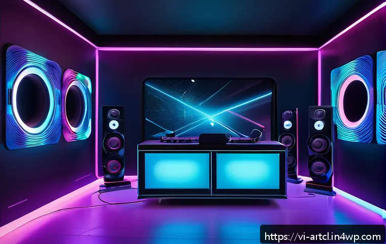 사운드 아트의 다양한 표현 기법 - A futuristic music studio interior showcasing a surround sound setup with multiple speakers position...