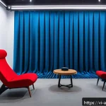Home 23 사운드 아트 전시회를 위한 준비물 리스트 - A modern art exhibition space showcasing high-quality audio equipment, featuring sleek, large speake...
