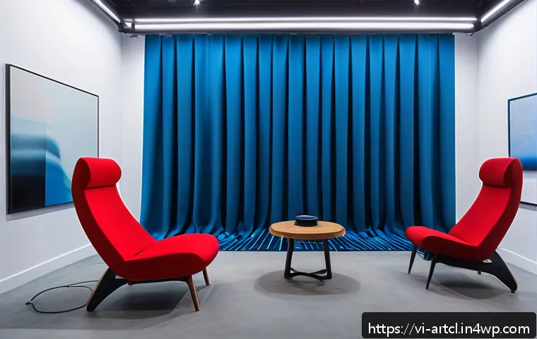 사운드 아트 전시회를 위한 준비물 리스트 - A modern art exhibition space showcasing high-quality audio equipment, featuring sleek, large speake...