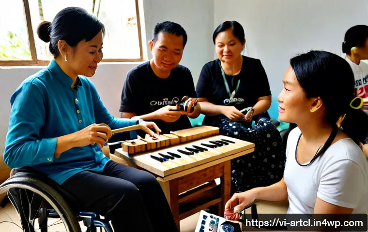 Home 17 사운드 아트의 다양성과 포용성 연구 - Photorealistic inclusive sound art workshop in a contemporary Hanoi community arts space, diverse Vi...