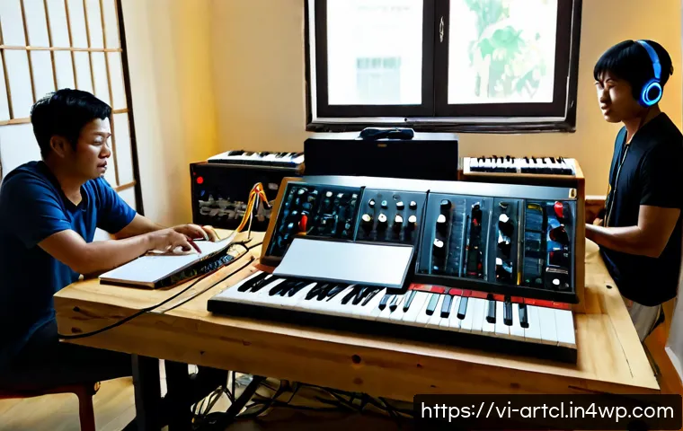 Home 17 사운드 아트 프로젝트의 피드백 받기 - Photorealistic documentary-style scene of a Vietnamese sound artist in a modern Hanoi creative studi...